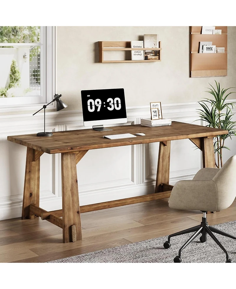 Tribesigns 63" Solid Wood Office Desk, Farmhouse Executive Computer Desk, Large Work Writing Table, Home Office Workstaticon