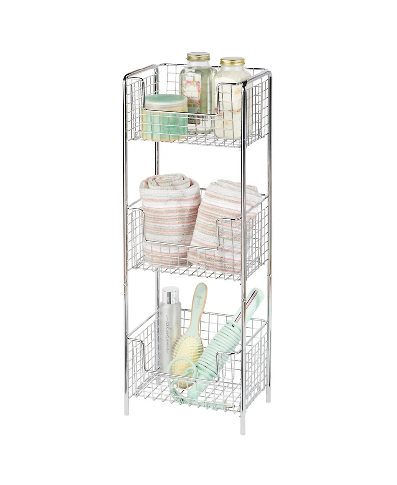 mDesign Steel Freestanding 3-Tier Storage Organizer Tower with Baskets - Chrome