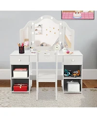 gaomon Kids Vanity Set with Mirror, 2-in-1 Wooden Toddler Vanity Table with Stool, Tri-Folding Mirror & Drawer, Removable Top