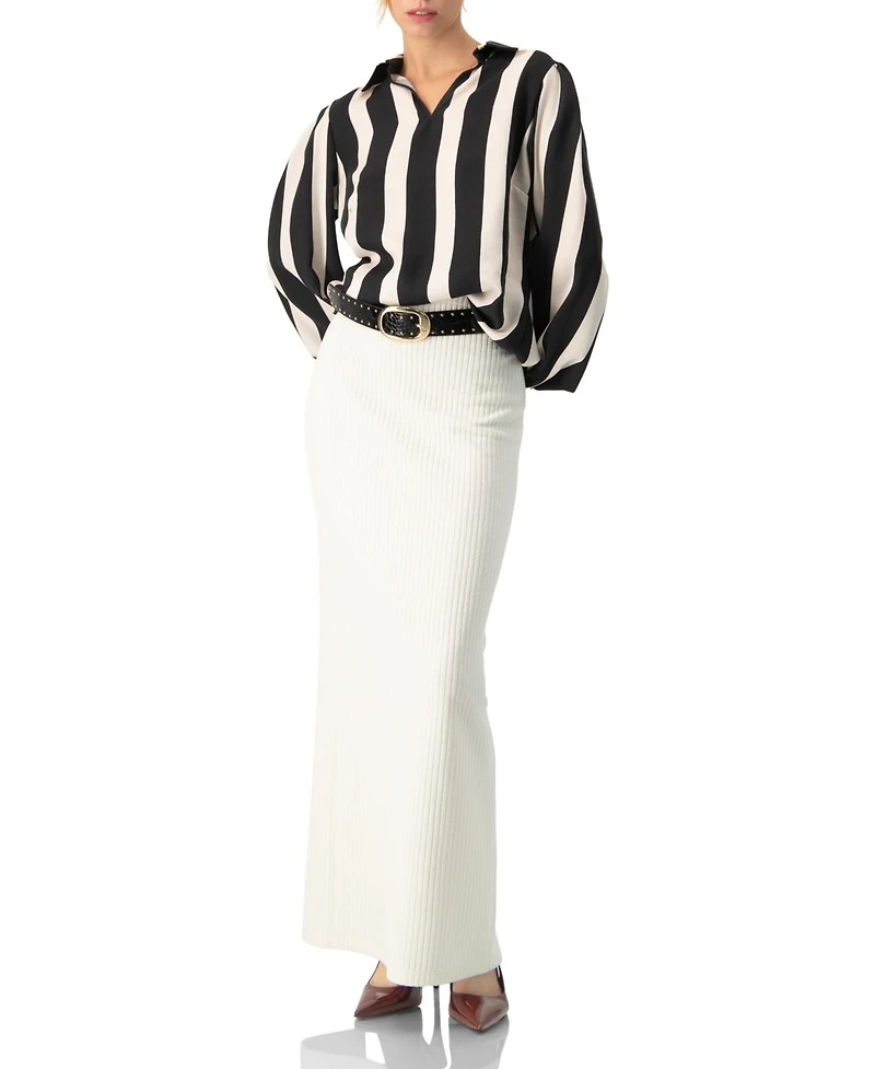 Ivonne Women's Collared Long Sleeve Striped Blouse