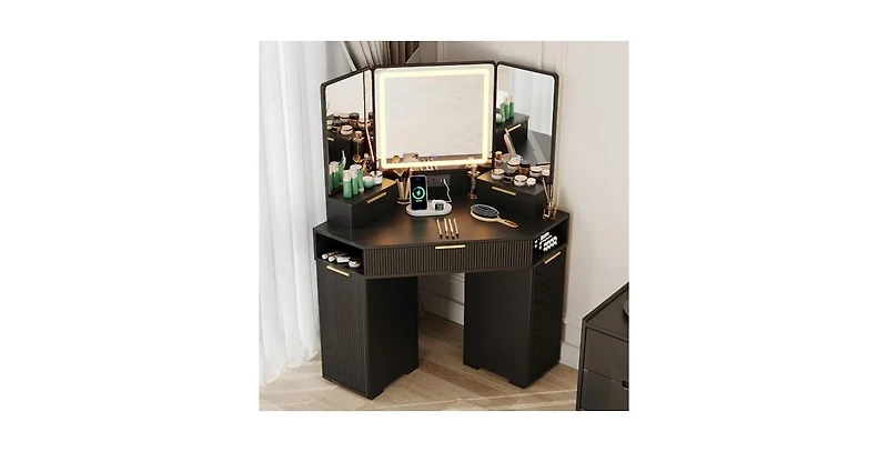 gaomon Lighted Mirror Corner Vanity Desk with Charging Station – Fluted Design, 3 Drawers, Cabinets & Open Shelves