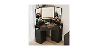 gaomon Lighted Mirror Corner Vanity Desk with Charging Station – Fluted Design, 3 Drawers, Cabinets & Open Shelves