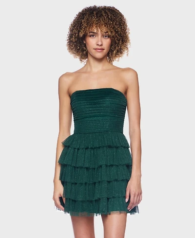 B Darlin Juniors' Strapless Side-Shirred Tiered Glitter Mini Dress
