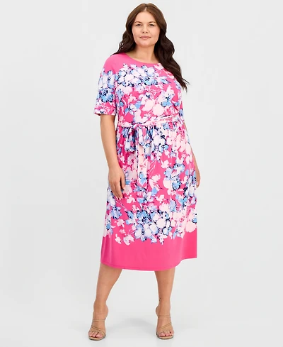 Kasper Plus Printed Short-Sleeve Midi Dress