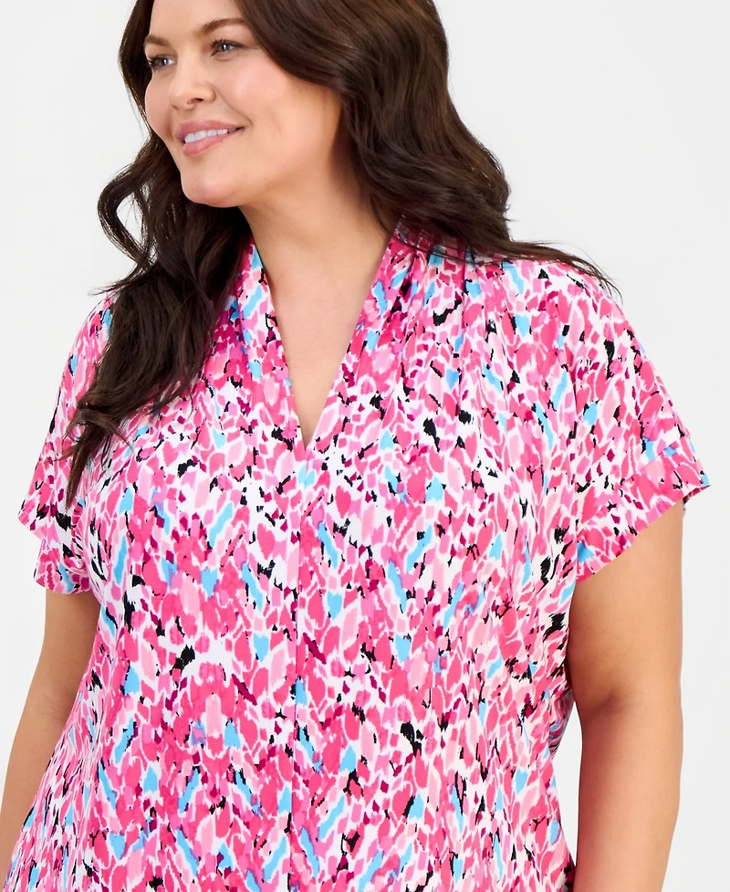 Kasper Plus Printed Pleated Funnel-Neck Top
