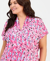 Kasper Plus Printed Pleated Funnel-Neck Top