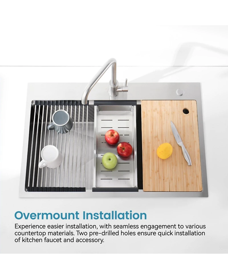 flynama 33inch Overmount Single Bowl Brushed 304 Stainless Steel Kitchen Sink Ss-BR01D-332208 with Cutting Board Roll out Basket