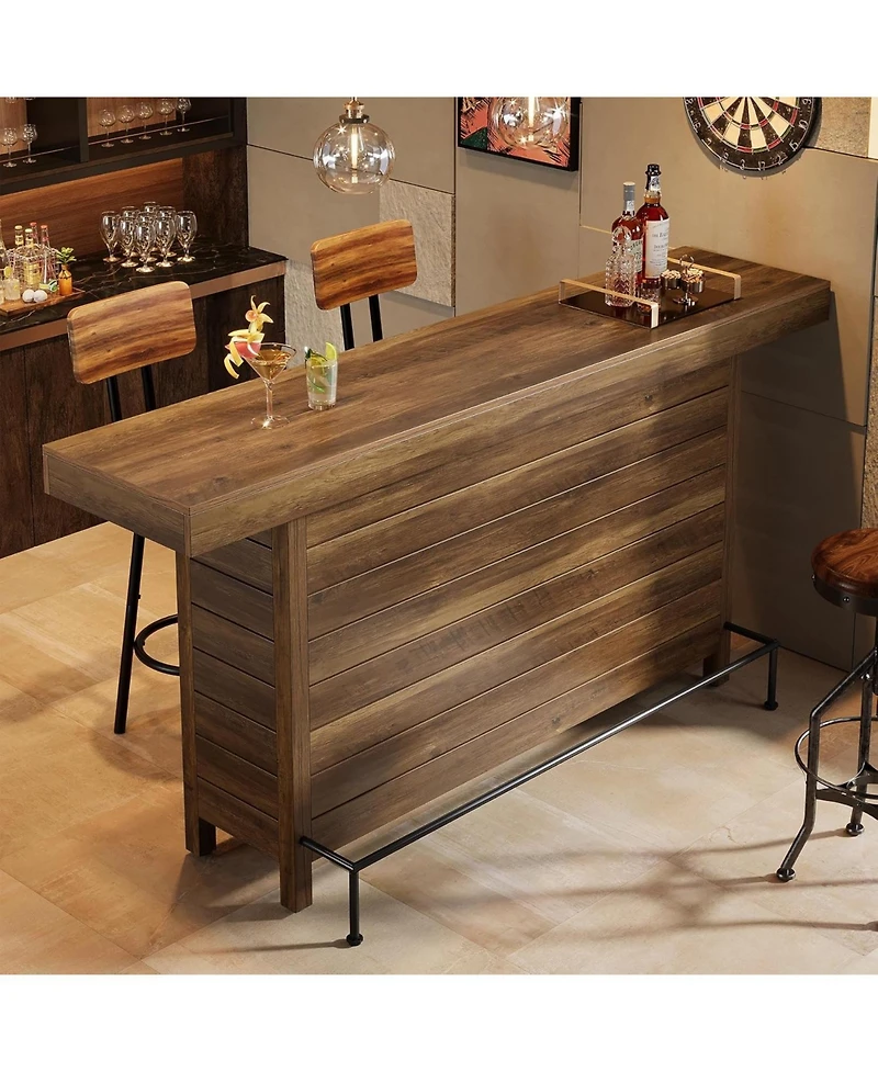 Tribesigns Industrial 3-Tier Bar Table, 63" Wooden Rectangular Home Bar Unite, Modern Counter Height Pub Table with Storage Shelves and Metal Footrest
