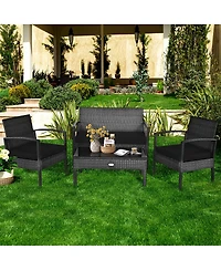 4 Pieces Patio Rattan Cushioned Furniture Set with Loveseat and Table