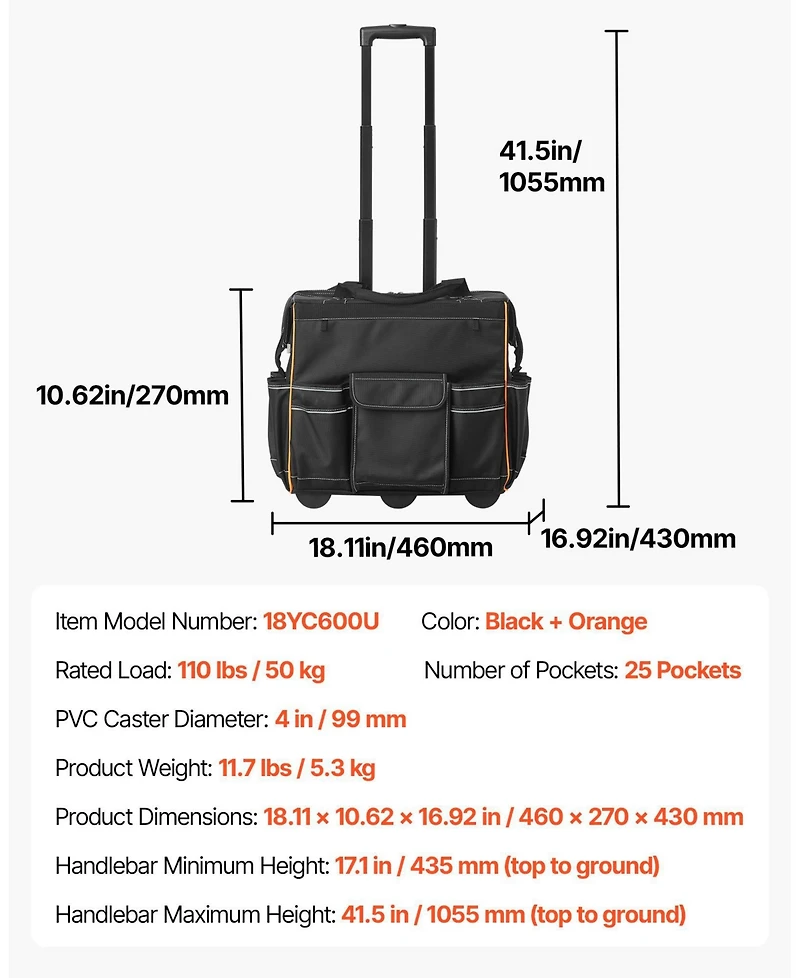 Mecale Rolling Tool Bag on Wheels, 110 lb Capacity, 25 Pockets, Heavy-Duty Tool Organizer with Telescoping Handle & Stable Base