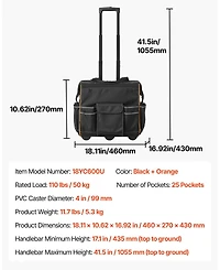 Mecale Rolling Tool Bag on Wheels, 110 lb Capacity, 25 Pockets, Heavy-Duty Tool Organizer with Telescoping Handle & Stable Base