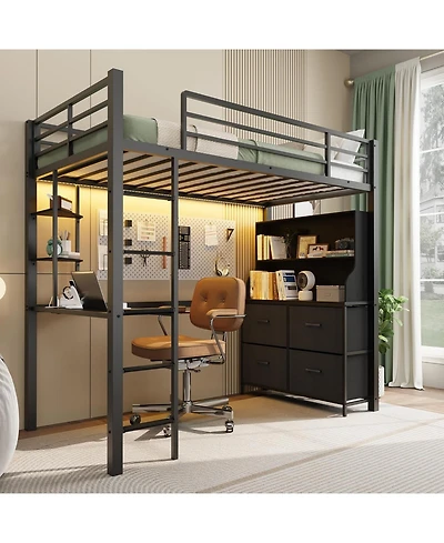 gaomon Twin Loft Bed with Desk, 4 Large Fabric Drawers and Open Shelves, Heavy Duty Metal Led Lights