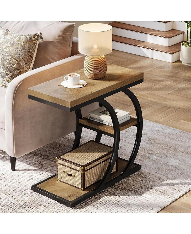 Tribesigns End Table for Living Room, 3-Tier Narrow Wood Couch C-Shaped Side Table with Storage, Industrial Nightstand