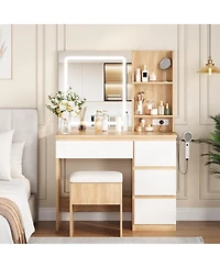 gaomon Makeup Vanity Desk with Lighted Mirror, Dressing Table Set 4 Drawers, Power Outlet, Storage Shelves