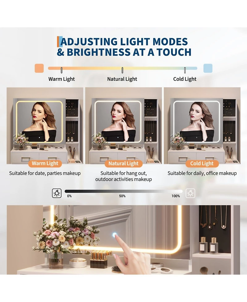 gaomon Vanity Desk with Mirror and Lights, Makeup Vanity Set with 5 Drawers, Stool, Power Outlet