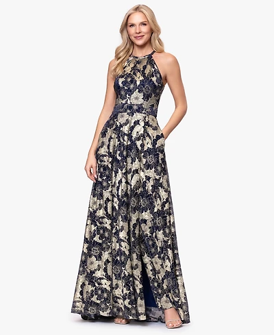 B&A By Betsy and Adam Petite Sleeveless Halter Neck Ball Gown