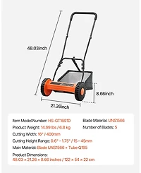 Mecale 16" Push Reel Lawn Mower, 5-Blade Manual Mower, 0.6–1.75" Adjustable Cutting Height, Includes Grass Catcher Bag