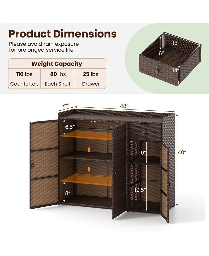 Slickblue Outdoor Wicker Storage Cabinet with Three Doors for Patio