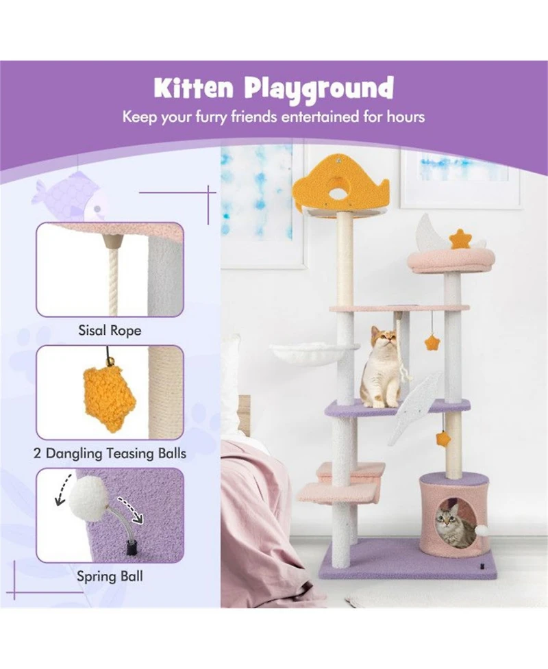 Aostirmotor 66" Tall Multi-level Cat Tower with Scratching Posts in Purple