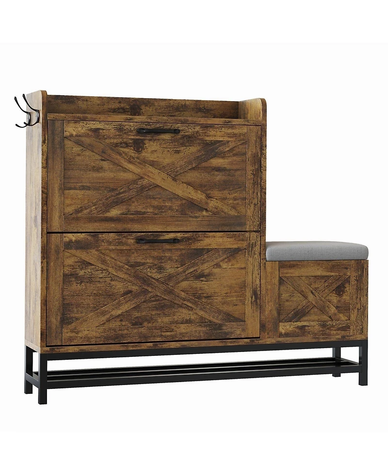 Gaomon 2-Drawer Flip Shoe Cabinet with Bench, Rustic Brown, Hidden Storage & Hooks for Entryway or Living Room.