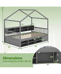 Costway Twin Size House Bed Wooden Platform Bed Frame with Roof & 14 Storage Cubes