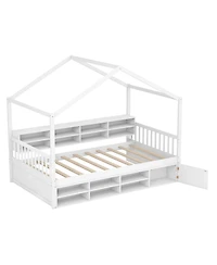 Costway Twin Size House Bed Wooden Platform Bed Frame with Roof & 14 Storage Cubes