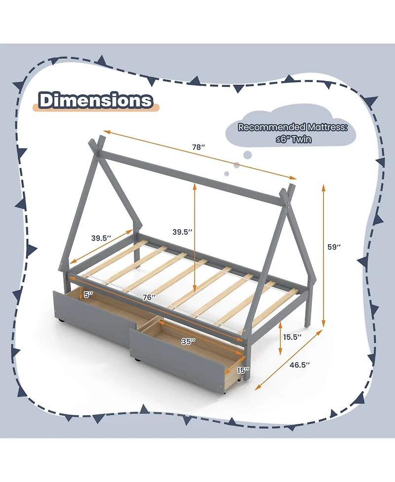 Costway Twin Wooden House Bed with 2 Drawers Roof Storage for Boys & Girls