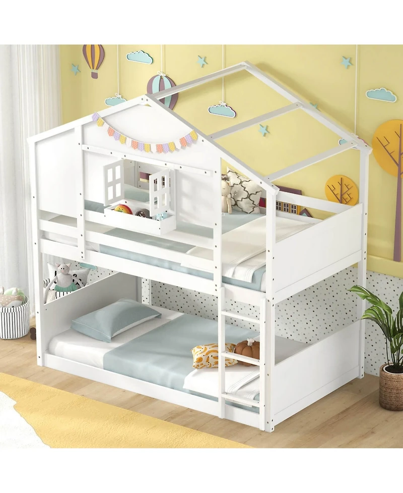 Costway Twin Over Twin Bunk Bed for Kids with Roof Lockable Window Storage Box Wood Slats