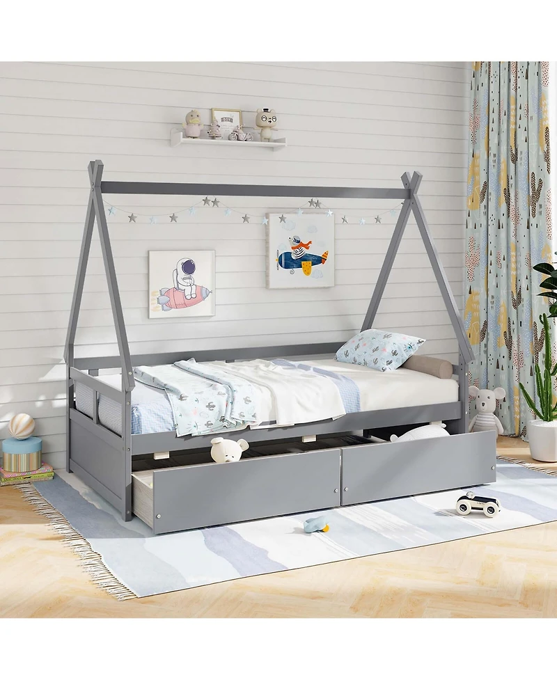 Costway Twin House Bed with Roof Safety Guardrail 2 Storage Drawers Wood Slat Support