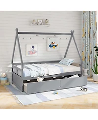 Costway Twin House Bed with Roof Safety Guardrail 2 Storage Drawers Wood Slat Support