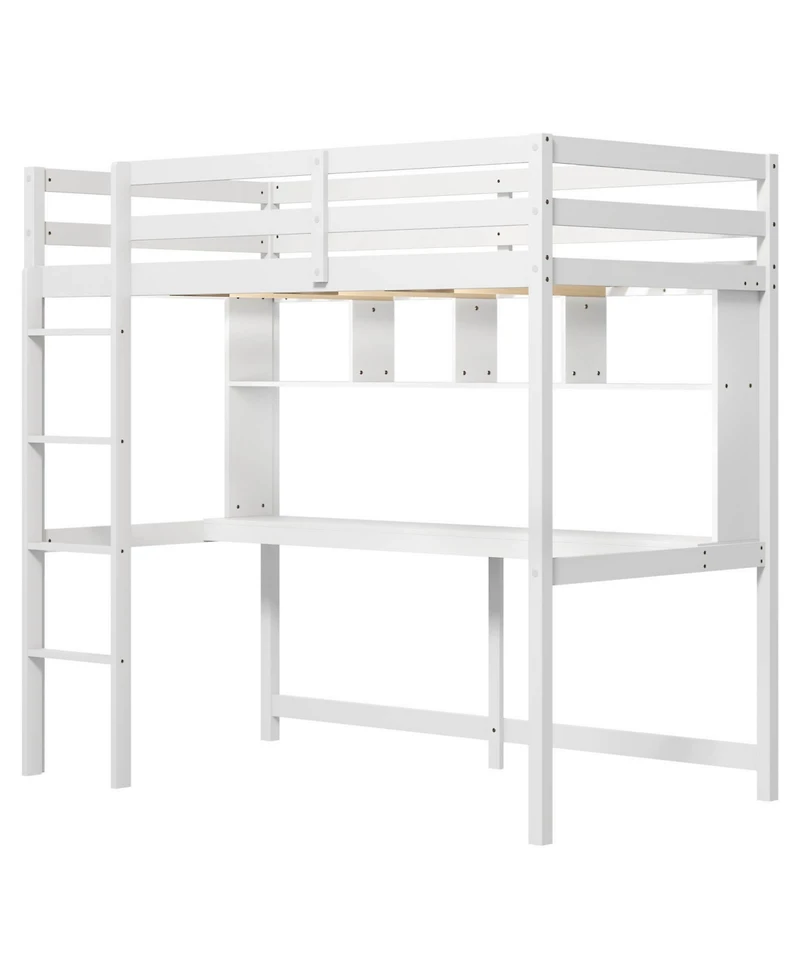 Costway Twin Size Loft Bed with Desk & Shelves Safety Guardrails & Ladder Storage