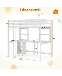 Costway Twin Loft Bed with Led Light & Power Outlet Desk Storage Shelves & Cabinet