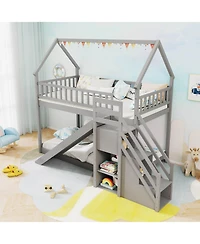 Costway Twin Over Bunk Bed with Slide & Staircase Storage Compartments