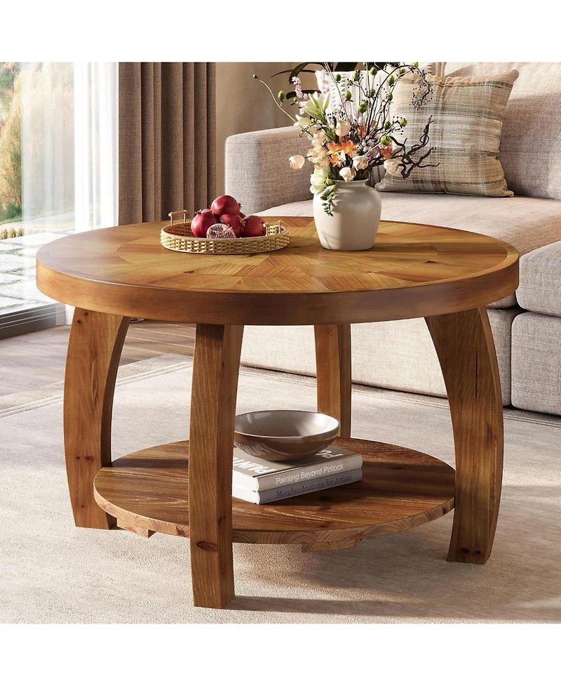 Tribesigns Solid Wood Round Coffee Table, 2-Tier Center Table with Storage, 31.5 Inch Wood Tabletop with Mosaic Pattern, Easy Assembly