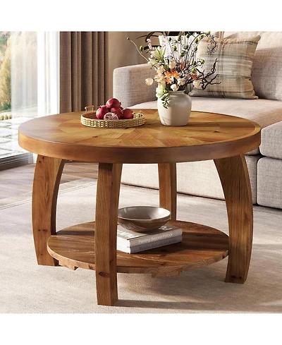Tribesigns Solid Wood Round Coffee Table, 2-Tier Center Table with Storage, 31.5 Inch Wood Tabletop with Mosaic Pattern, Easy Assembly