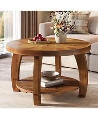 Tribesigns Solid Wood Round Coffee Table, 2-Tier Center Table with Storage, 31.5 Inch Wood Tabletop with Mosaic Pattern, Easy Assembly