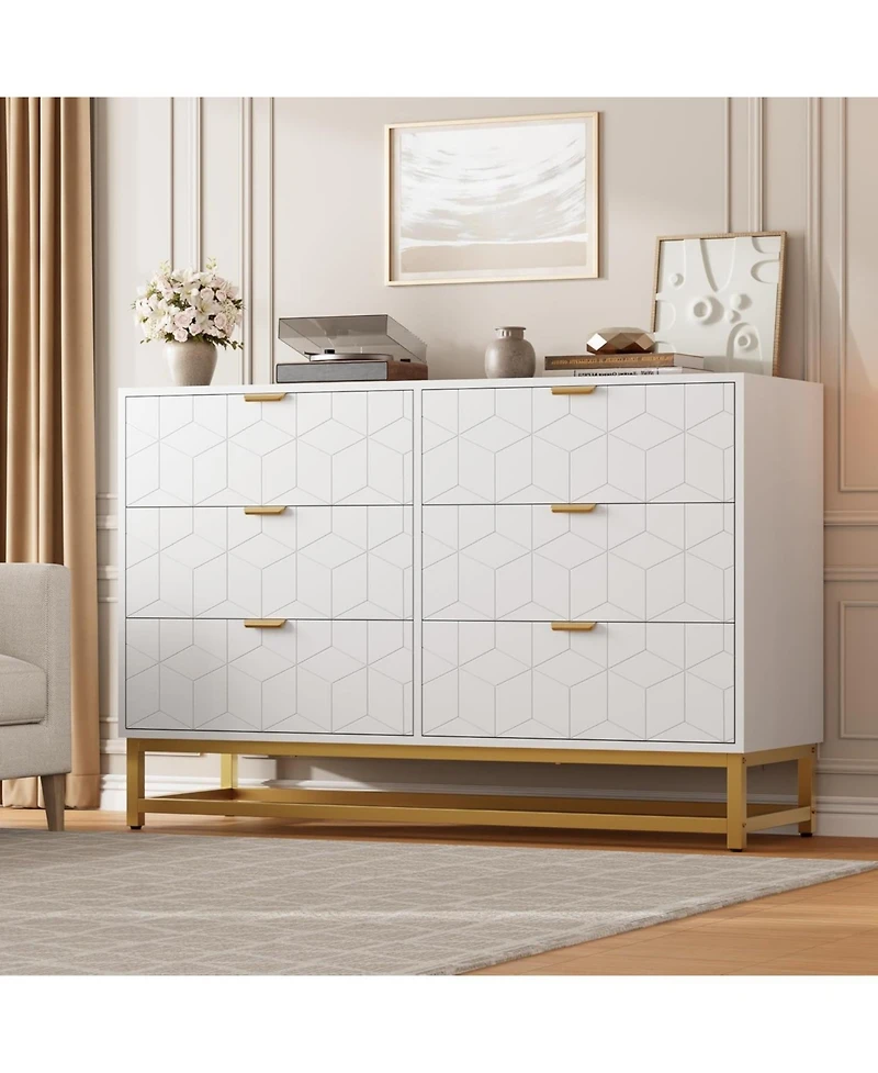 gaomon Black 6-Drawer Modern Double Dresser, Long Bedroom Storage Chest with Gold Handles for Tv Area, Living Room, or Entryway