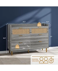Gaomon 6-Drawer Tv Stand Dresser with Railed Edge, Mid Century Modern Gold-Leg Rattan Design, Double Dresser Storage Organizer