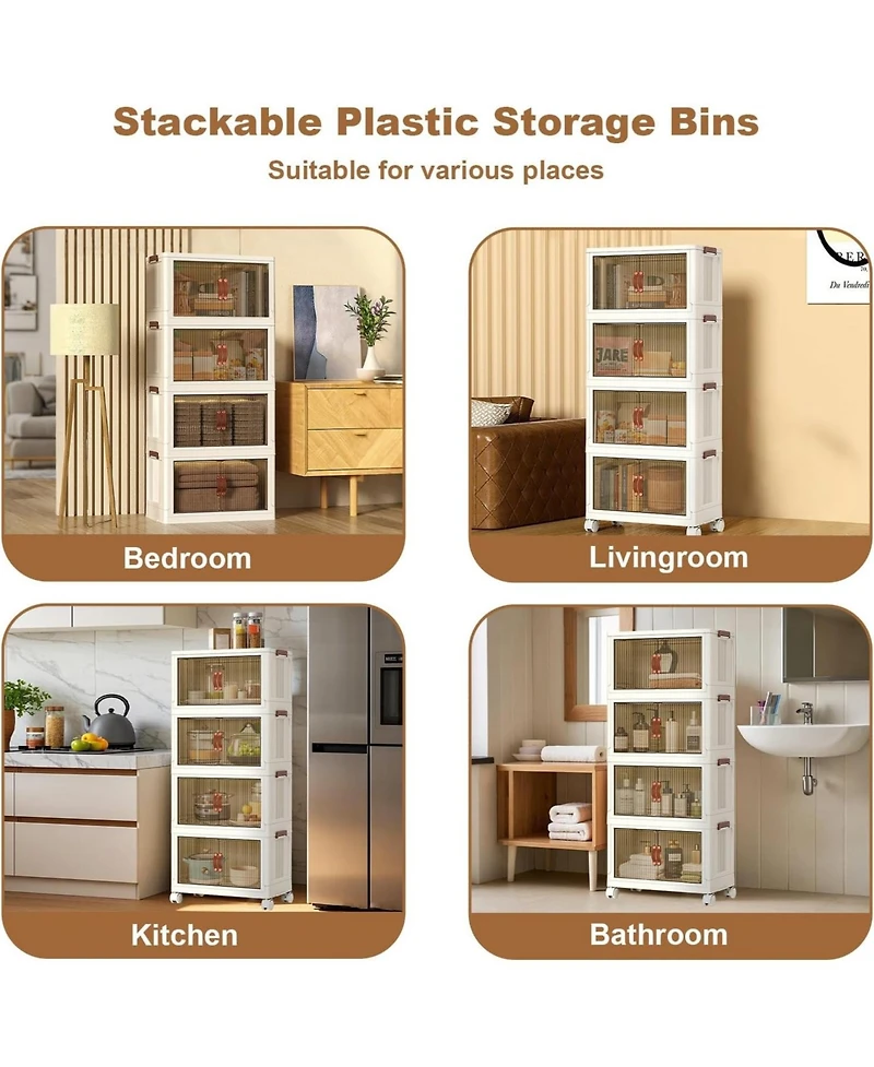 gaomon 4 Tier Foldable Collapsible Storage Cabinet, Plastic Storage Cabinet With Magnetic Doors & Wheels, Organization and Storage Boxes for Craft