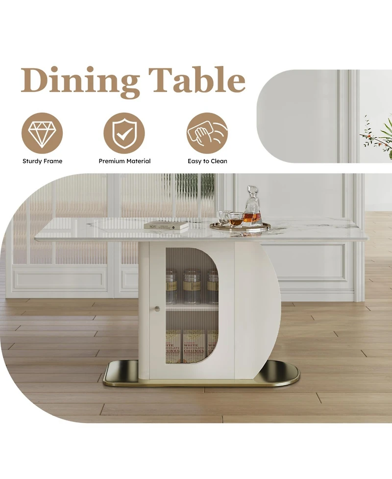 Streamdale Furniture 63" Modern Dining Table w/ Storage, Sintered Stone Top, Golden Wood Base