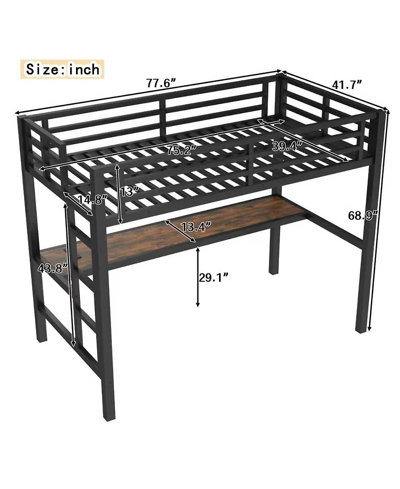 Streamdale Furniture Metal Loft Bed with Power Outlet & Led Light, Black