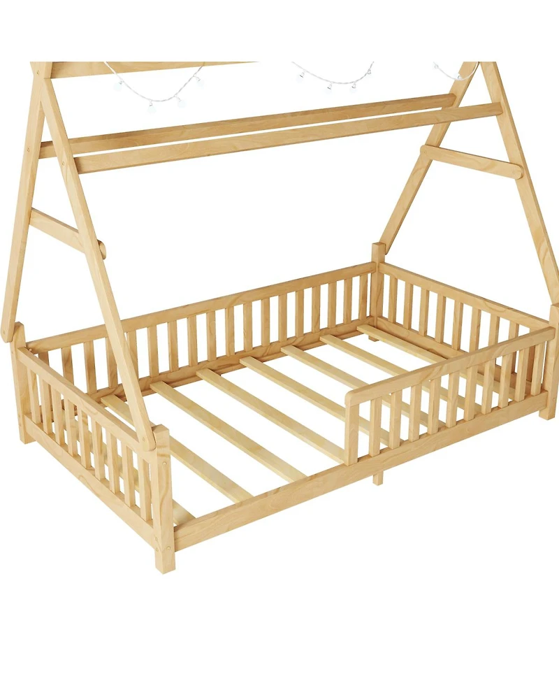 Draft - Streamdale Furniture Streamdale Twin House Bed with Light, Low Floor, Fence, Roof for Kids Boys Girls