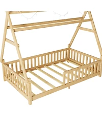 Draft - Streamdale Furniture Streamdale Twin House Bed with Light, Low Floor, Fence, Roof for Kids Boys Girls