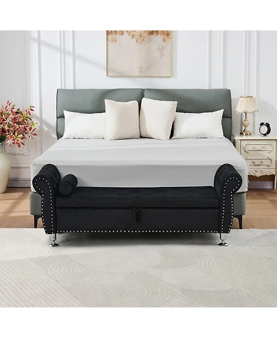 Streamdale Soft Velvet Storage Bench with Crystal Buttons & Pillow (Black)