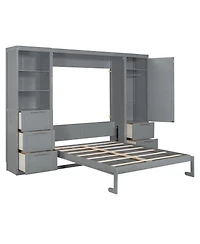 Streamdale Furniture Queen Size Murphy Bed Wall Bed with Closet, Drawers and Shelves, Gray