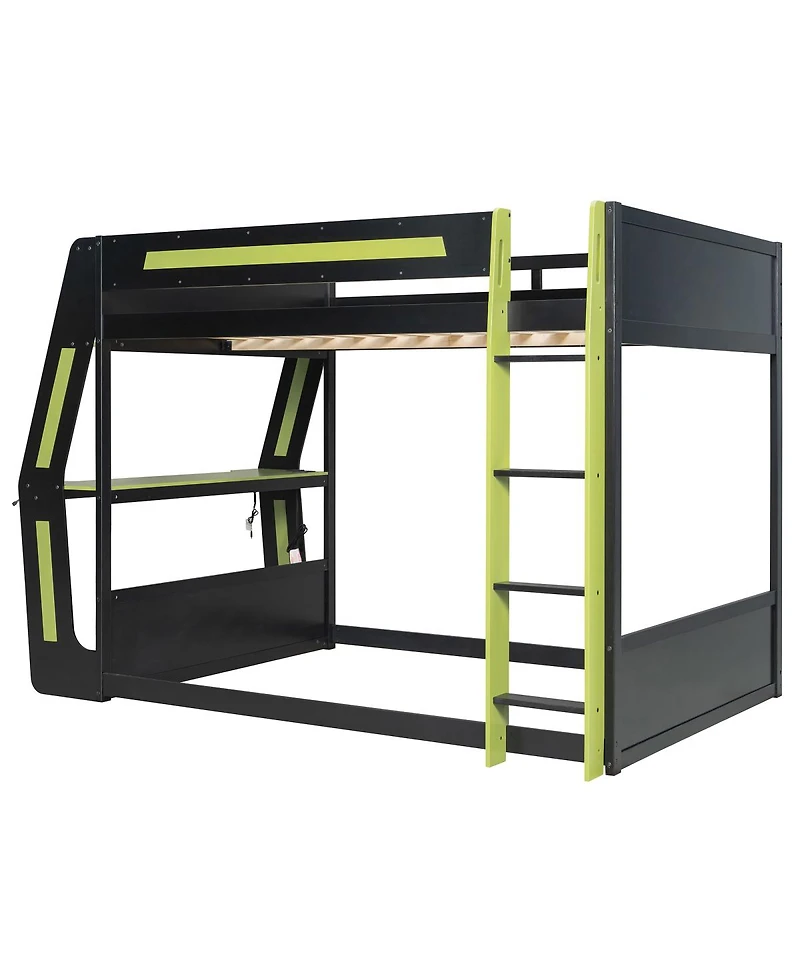 Streamdale Furniture Full-Size Gaming Bunk Bed with Rgb Desk, Usb Ports, Led Strip & Cable Grommet - Green