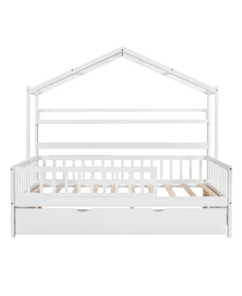 Streamdale Furniture Wooden Full Size House Bed with Twin Size Trundle, Kids Bed with Shelf
