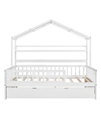 Streamdale Furniture Wooden Full Size House Bed with Twin Size Trundle, Kids Bed with Shelf