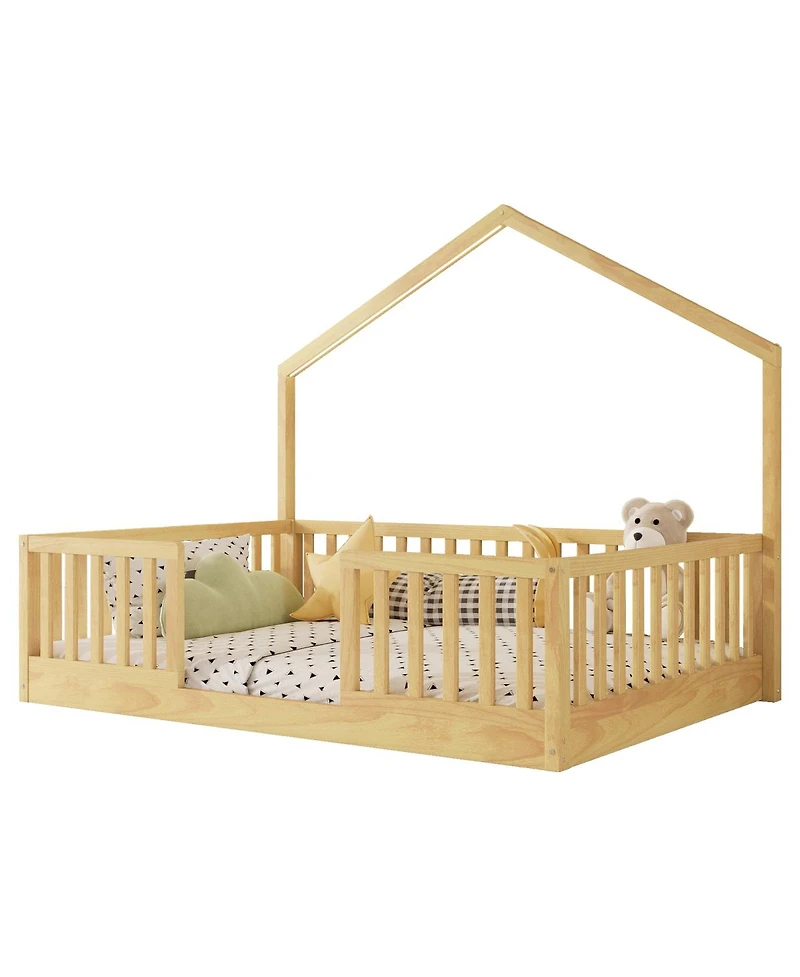Streamdale Furniture Full Floor Bed with High Rails, Wooden Montessori Bed with Light for Kids