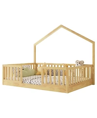 Streamdale Furniture Full Floor Bed with High Rails, Wooden Montessori Bed with Light for Kids